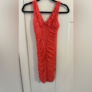 bebe Coral Ruched Midi Dress